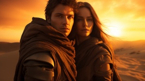 电影《沙丘》中的男女主角在沙漠中行走 背影镜头 夕阳西下 黄沙漫天 超高清 写实主义 真实的 逼真 细节清晰 8K超高清