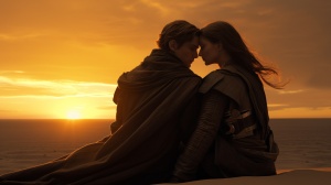 电影《沙丘》男女主角肩并肩在黄沙悠扬接吻