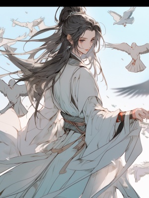 中国古代风格，面容精致可爱的白衣男子，黑色长发，微风，头发飞扬，衣诀飘飘