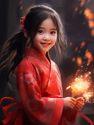 龙年新春可爱的小女孩拿着炮竹；放烟花红色衣服；面带微笑；红色衣服，