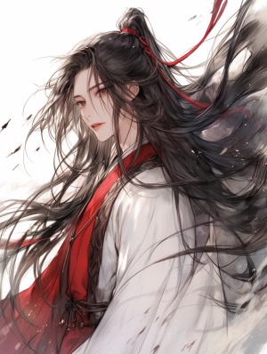 中国古代风格，面容精致可爱的白衣男子，黑色长发，额头中心有一颗红痣，微风，头发飞扬，衣袖翻飞