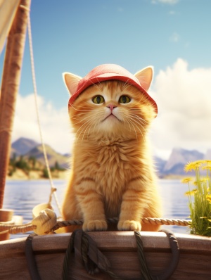 黄色猫猫戴着草帽穿红衬衫，光线充足的远方观景
