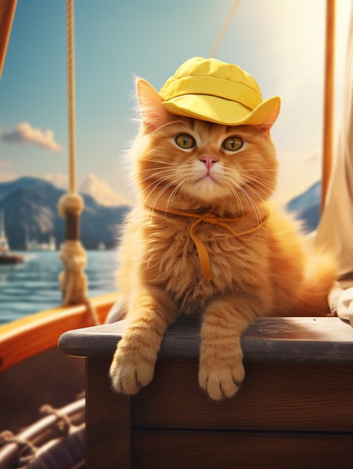一只可爱的黄色猫猫戴着黄色草帽 穿着红色短袖衬衫 敞开胸膛 胸前一个X交叉疤痕 坐在船上看着远方 ,猫的光线充足,细节充分,8k,虚幻引擎,佳作,超真实