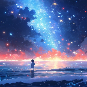 🎁今日描述词：小女孩，周围有很多彩色的小星星，站在海边，许愿，梦幻的场景，流星，银河，五颜六色的星团，特写镜头🎁绘画风格：唯美二次元