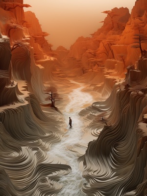 a paper landscape with a ancientChinese man in the middle, water flows, in the style ofadam martinakis, northern china's terrain, translucentresin waves, intricate weaving, national geographicphoto, rudolf ernst, photo taken with nikon d750 ， HD 32K