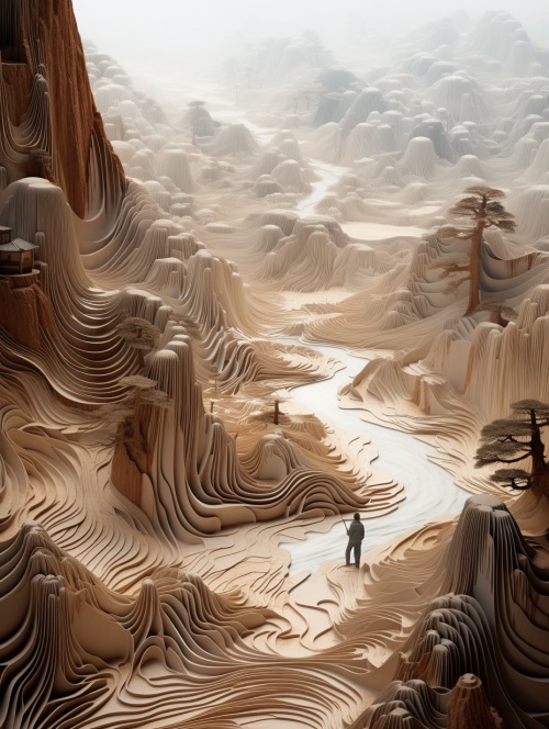 a paper landscape with a ancientChinese man in the middle, water flows, in the style ofadam martinakis, northern china's terrain, translucentresin waves, intricate weaving, national geographicphoto, rudolf ernst, photo taken with nikon d750 ， HD 32K