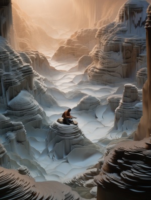 a paper landscape with a ancient，Chinese man in the middle, water flows, in the style of adam martinakis, northern china's terrain, translucent resin waves, intricate weaving, national geographicphoto, rudolf ernst, 内部发光，photo taken with nikon d750 ， HD 32K