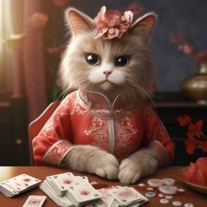猫穿漂亮裙子，红甲长睫毛，妆容精致打麻将