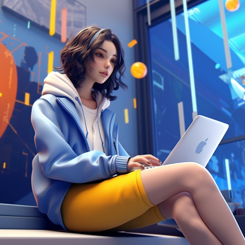 a girl is sitting on a laptop in front of a poster, in the style of rendered in unreal engine, gongbi,3D internet workers, fashion wear, colorful cartoon,close-up, heavy shading , in the style ofinteractive pieces, soft gradients, daz3d, animated gifs,azure,charming illustrations,award-winningar 1:1-niji 5