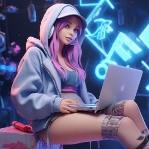 Fashionable Girl Sitting on Laptop with Colorful Poster