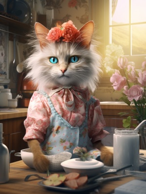 一只猫穿着东北大花袄，妆容夸张，长睫毛，精致的妆容，戴着巨大蝴蝶结，在农村厨房做饭，拟人化