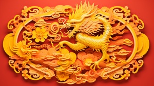 中国传统扱简剪纸，龙凤呈祥闹新春，黄色龙凤，红底。
