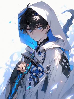 一个穿着白色衣服的男孩拿着剑，在星星艺术团体 (xing xing) 的风格中，无性别，浅黑色和天蓝色，帅气，magewave，详细的五官，流动的面料