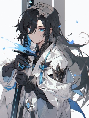 一个穿着白色衣服的黑色长发男孩拿着剑，在星星艺术团体 (xing xing) 的风格中，无性别，浅黑色和天蓝色，帅气，magewave，详细的五官，流动的面料