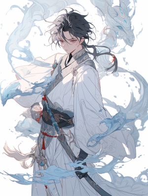 一个穿着白色衣服的黑发黑眸中国古代男孩拿着剑，在星星艺术团体 (xing xing) 的风格中，无性别，浅黑色和天蓝色，帅气，magewave，详细的五官，流动的面料