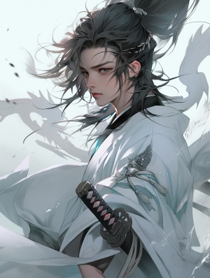 一个穿着白色衣服的黑发黑眸中国古代男孩拿着剑，在星星艺术团体 (xing xing) 的风格中，无性别，浅黑色和天蓝色，帅气，magewave，详细的五官，流动的面料