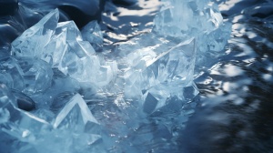 The rippling of the mountain stream sends out broken ice cubes.,rendered in C4d,texture-based, realistic details, movielighting, 8k