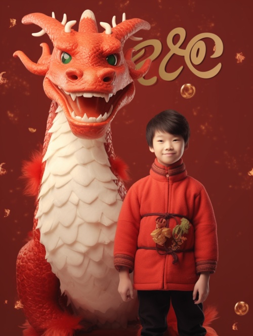 红色背景，红色中国龙，可爱的男孩，穿着红色汉服，站在龙前面，面部清晰，超精致，超高清画质，HD 32K