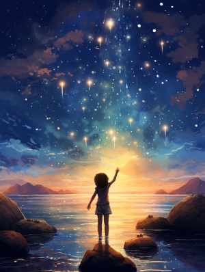 小女孩在海边许愿，星空中流星与银河的特写