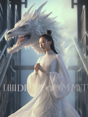 In front of a white glass dragon, stands a Chinese woman, facing the camera, wearing a gorgeous white silk dress, magical scenes, glass, translucent, crystal,photography, product rendering film, surrealism, glass materials, master works, God's rays, high details, ultrahigh definition