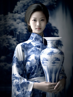 一个东方美丽女人，精致五官，穿着白色和蓝色扎染的连衣长裙，优雅的姿态，一个青花瓷花瓶，是大型油画的风格。单色优雅，中景摄影，浅景深，青花瓷图案，超高清画质，超精细，超高清晰度，超高像素，32K