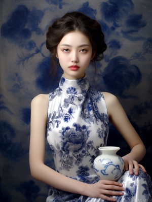 一个东方美丽女人，精致五官，穿着白色和蓝色扎染的连衣长裙，优雅的姿态，一个青花瓷花瓶，是大型油画的风格。单色优雅，中景摄影，浅景深，青花瓷图案，超高清画质，超精细，超高清晰度，超高像素，32K