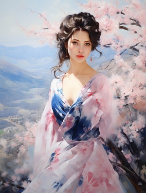 一个东方美丽女人，精致五官，穿着白色和蓝色扎染的连衣长裙，优雅的姿态，是大型油画的风格，优雅，蓝青色山水背景，山上开满粉色樱花，全景摄影，高景深，超高清画质，超精细，超高清晰度，超高像素，32K