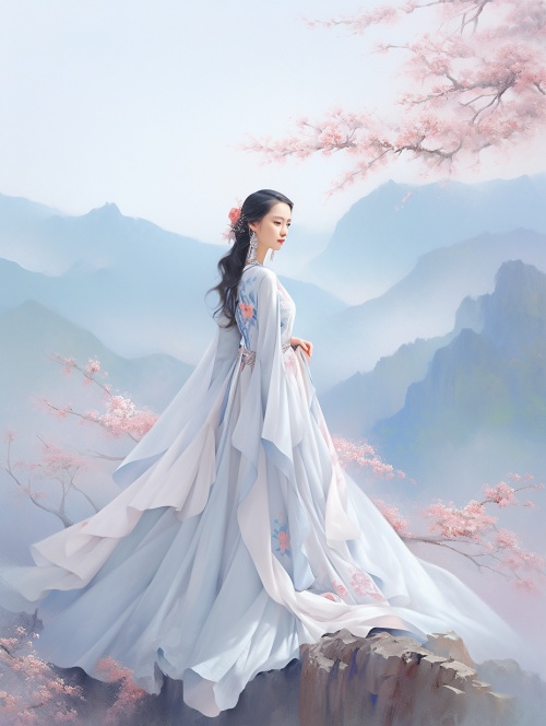 一个东方美丽女人，精致五官，穿着白色和蓝色扎染的连衣长裙，优雅的姿态，是大型油画的风格，优雅，中国风蓝青色山水背景，山上开满粉色樱花，全景摄影，高景深，超高清画质，超精细，超高清晰度，超高像素，32K