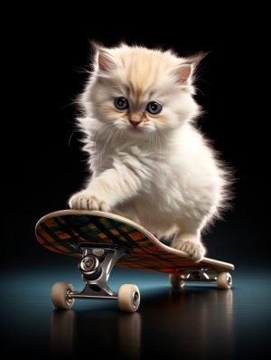 一支漂亮的波斯猫，滑着滑板，背景空旷清晰，画面立体高清
