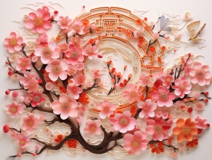中国传统简纸，春满大地福满门，桃花遍地。福字在中央