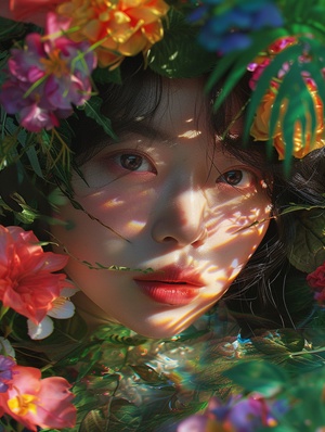 fanciful surrealism， 奇幻的超现实主义，an image of Chinese girl with colourful flowers and leaves, in the style of mixes realistic and fantastical elements, intricate flower worlds, fanciful surrealismwith a touch of humor, close-up,real light and shadoweffects,Kodak 5207