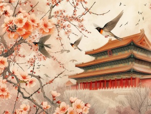 中国传统简纸，春满大地福满门，桃花满地。夜莺歌唱。春燕飞舞。
