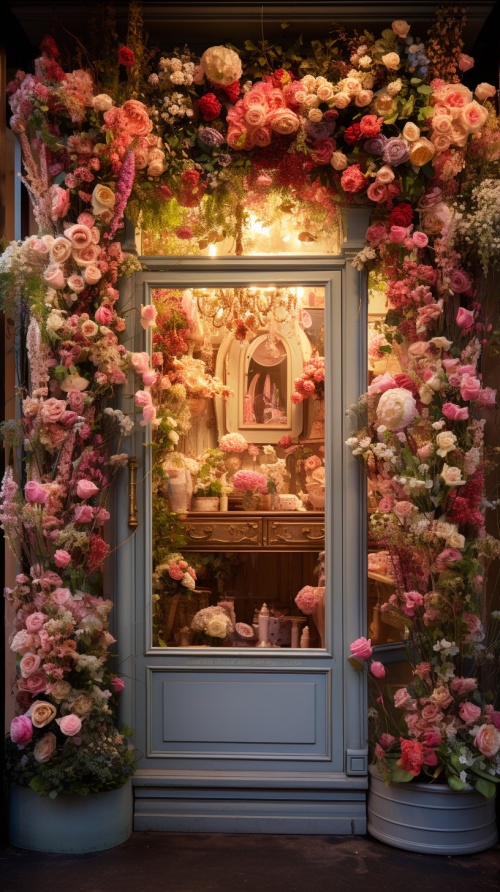 一间花店门面，敞开的大门，明亮宽广，里面一束束的各种鲜花、插在美丽高筒的瓷筒中，顶级摄影师作品