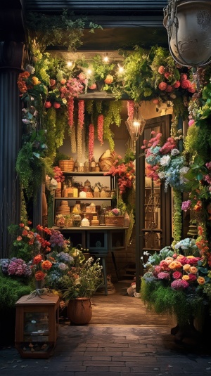 一间花店门面，明亮宽广，里面一束束的各种鲜花分开养在桶中，顶级摄影师作品