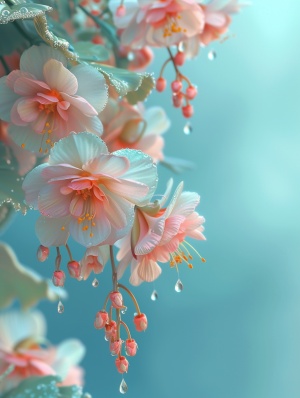 海棠花，浅蓝色主题背景，角落挂着露珠和小花清新优雅，梦幻般的3D立体，32K超高清，3D分形
