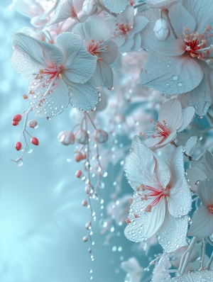 海棠花，浅蓝色主题背景，角落挂着露珠和小花清新优雅，梦幻般的3D立体，32K超高清，3D分形