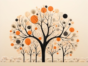 an illustration of an orange tree, in the style of organic forms, muted tones, delicate flowers, minimalist canvases, light orange and light black, nature-inspired shapes, symmetrical arrangements, soft and rounded forms