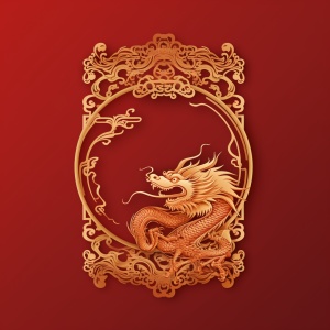 中国红8K背景卡片镶金龙