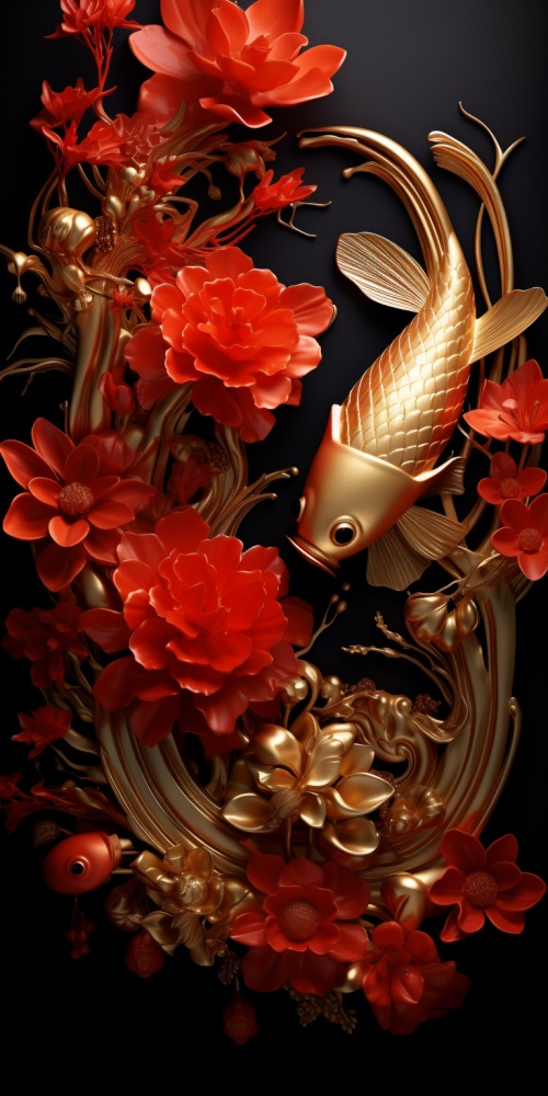 中国红手机壁纸，下半部有2条金色的鱼和金色的花，层次感，3d渲染，8k高清画质