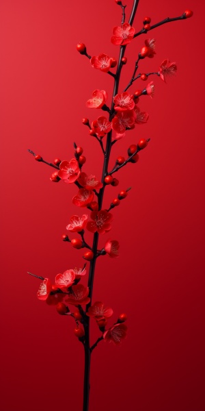 纯红色背景下的红梅花