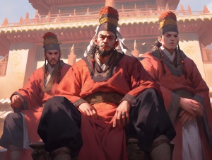中国古代，明代宫殿，三个男人，明代服饰，20岁，面目狰狞，张牙舞爪，面向镜头，32k uhd