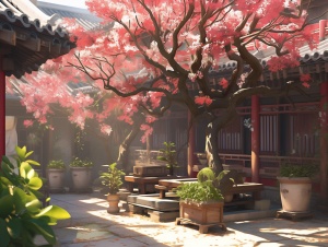 中国古代明代庭园中的32k UHD 空境梅花树