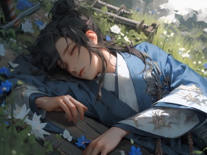 中国古代，明代庭园，一个男子，20岁，躺在地上，闭着眼睛，明代服饰，墨青色，32k uhd