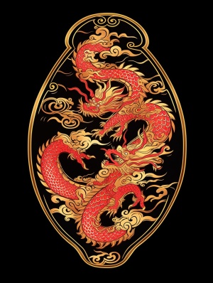 一个完整的椭圆形边框，中国龙和祥云装饰，红色和金色，在简单的黑色背景上