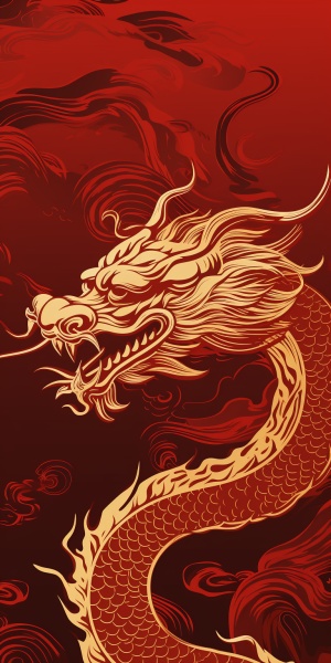 Abstract 2D Style: Golden Chinese Dragon on Red Background