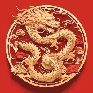 Abstract 2D Style: Golden Chinese Dragon on Red Background