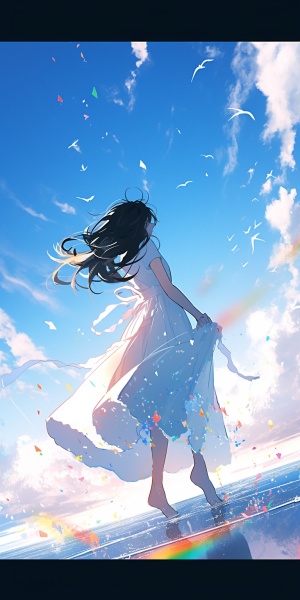 美丽女孩奔跑在彩虹上的蓝天