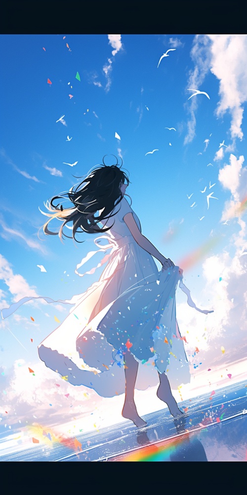 美丽的女孩奔跑在空中的彩虹上，柔软的云朵，蔚蓝的天空，灿烂的阳光