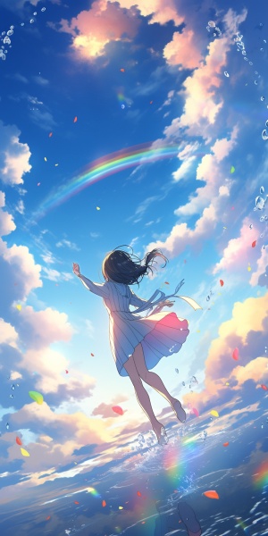 美丽女孩奔跑在彩虹上的蓝天