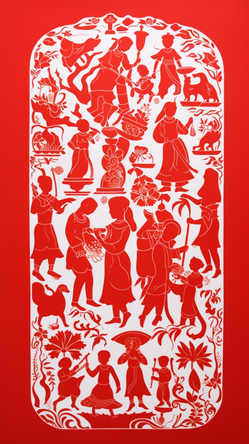 极简主义 中国剪纸 红色剪纸 百子送福 可爱的孩子们围绕着一个大大的“福”字，栩栩如生，充满活力 喜庆和吉祥 线条流畅、细腻，单层 大红色 民族风 矢量剪影 镂空 白色背影 超真实